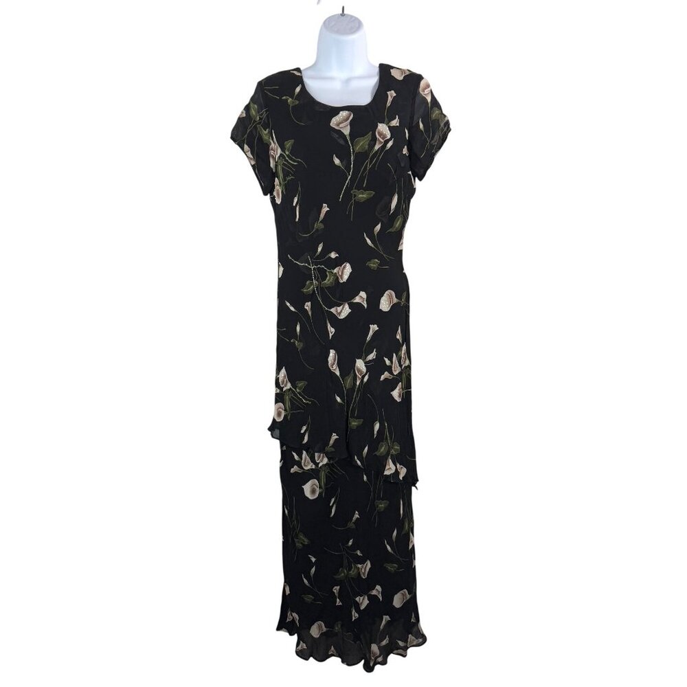 VTG Eva Blue Maxi floral tiered ruffle maxi dress beaded 90s sz‎ 12